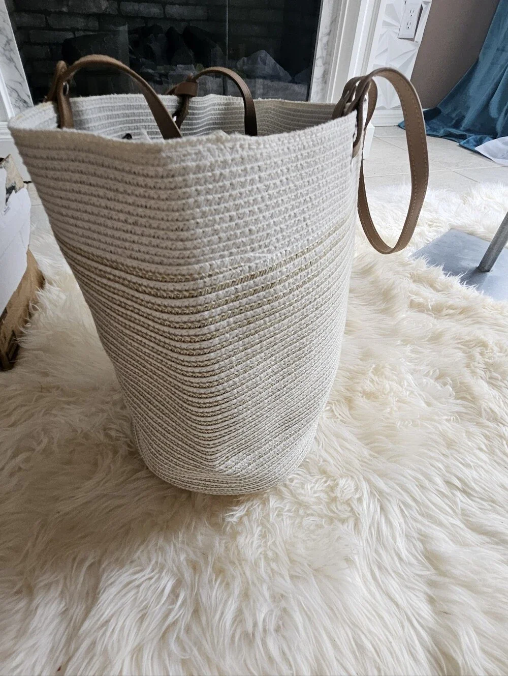 miami Beige Straw Tote with Brown Trim and Logo Charm